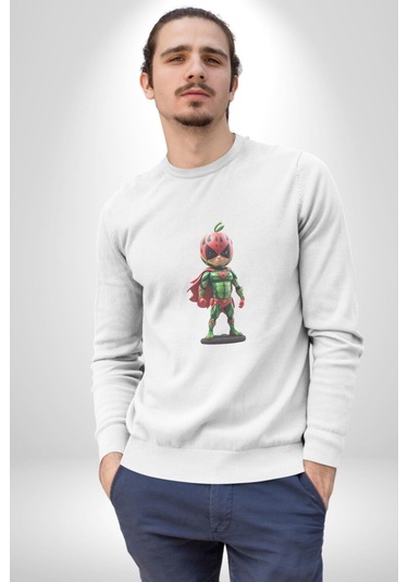 Süper Karpuz Adam Unisex Beyaz Baskılı Sweatshirt Beyaz
