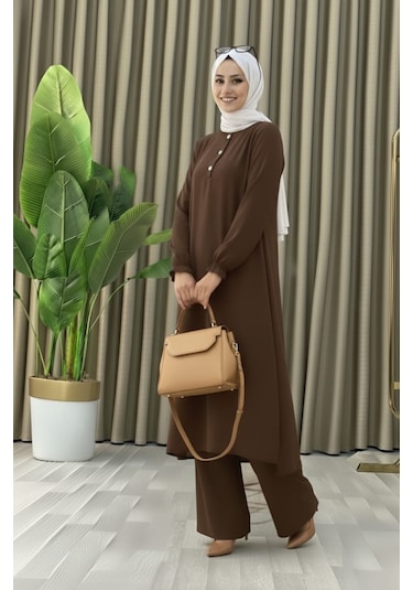 Tesettür İkili Takım Uzun Tunik Bol Paça Pantolon 4006-kahve Kahverengi
