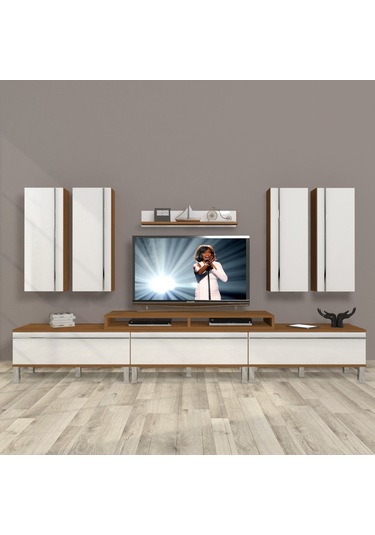 Decoraktiv Ekoflex 8d Mdf Krom Ayaklı Tv Ünitesi Tv Sehpası Ceviz - Beyaz