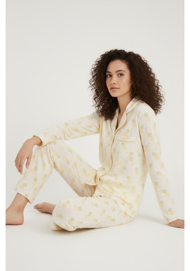 Luxury Viscose Ananas Desenli Kadın Uzun Kollu Pijama Takımı 42571 Sarı
