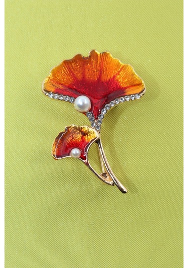 Ginkgo Yaprağı İncili Taşlı Broş. Yaka İğnesi Broş. Kadın Broş. Çiçek Broş. Ginkgo Broş. Gold Broş. Altın - Kırmızı