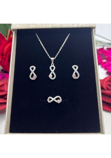 Pembe Kalp Sonsuzluk Kadın 3'lü Set 925 Ayar Gümüş Zirkon Rodyumlu Taşlı Gümüş