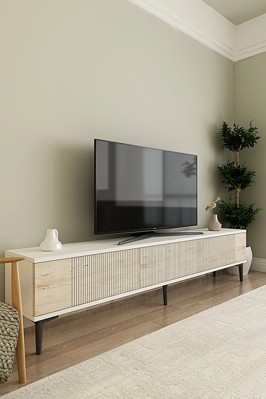 Tsa1803bt - Corsa180 Tv Stand, Tv Sehpası Beyaz-traverten Kapaklı 180cm Beyaz