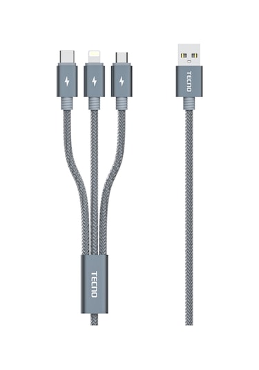 Tecno TCN31 3in1 Lightning Type-C Micro Çıkışlı Örgülü Şarj Kablo