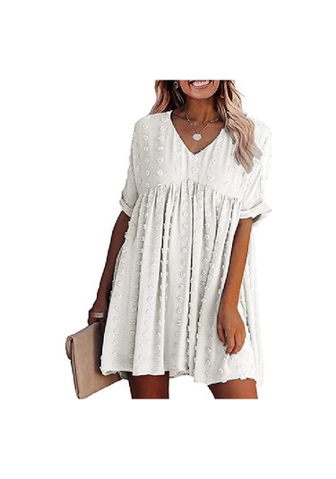 2024 Kadın Yaz Yeni Şifon Bol Kesim Büyük V Yaka Elbise Trendi Beyaz