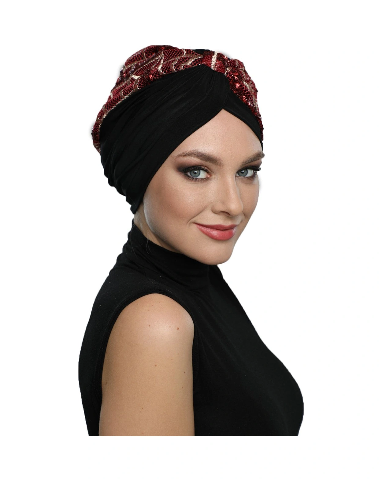 Özel Tasarım Siyah Bej-bordo Pullu Fileli Etnik Desenli Astarlı Hazır Türban Tesettür Abiye Bone Siyah22