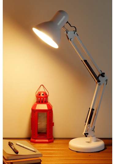 2li Set Masa Lambası + Kronometreli Öğrenci Saati Akrobat Metal 360 Çalışma Masası Lambası Beyaz Beyaz