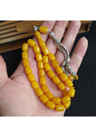 Vipkehribar Sarı Hareli Sıkma Kehribar Yılangözü Tesbih 8 x11 MM