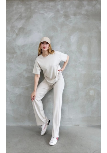 Osy Modal Yumuşak Dokulu Kumaş Bisiklet Yaka Taş Detaylı Kısa Kollu Takım - Kırık Beyaz Çok Renkli