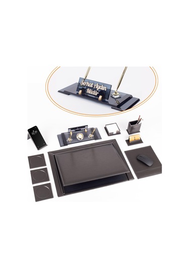 10 Parça Eskitme Desenli Antrasit Deri Sümen Takımı Ve Kristal Masa İsimliği Ofis Masa Sümen Seti