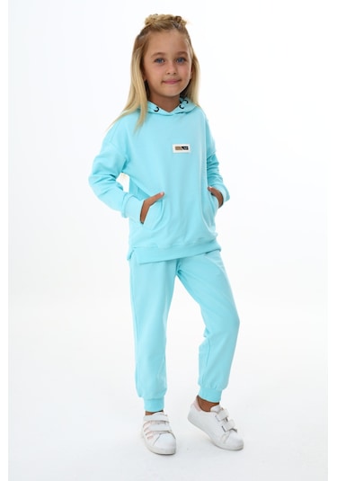 Toontoy Kız Çocuk Kapüşonlu Yazı Armalı Eşofman Takım Su Yeşili