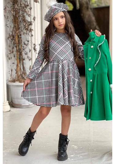 Riccotarz Kız Çocuk Kazayağı Desen Elbise Kolları Peluş Ve Omuzları İnci İşleme Kemerli Yeşil Kaşe Kaban Yeşil