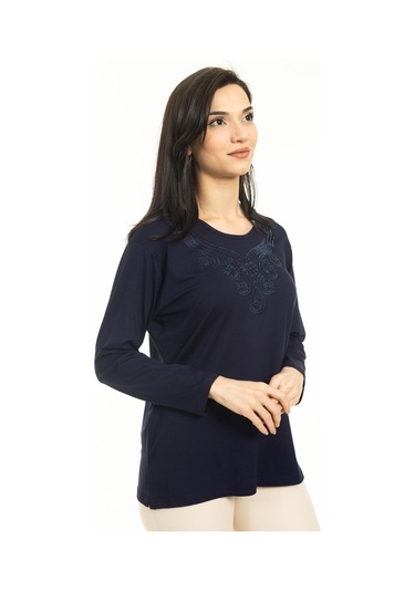 Kadın Orta Yaş Ve Üzeri Yeni Model Yuvarlak Yaka Likralı Anne Penye Bluz 30550-lacivert
