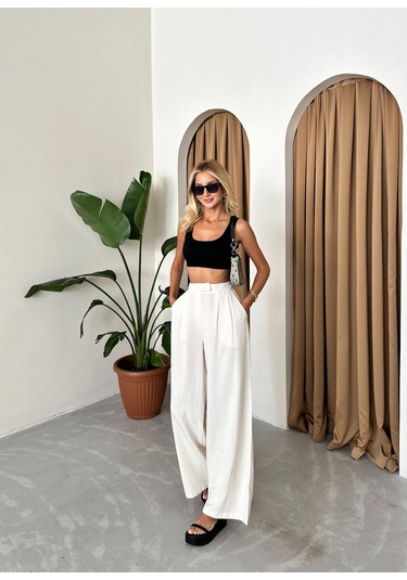 Natural Pamuk Yandan Düğmeli Geniş Paça Pantolon Ekru