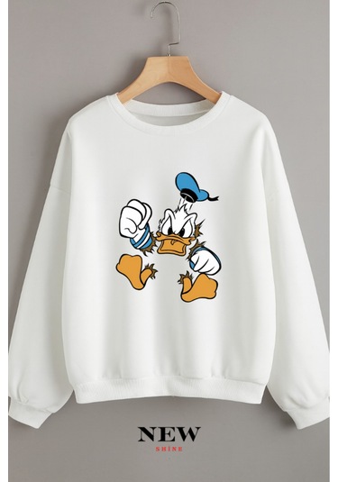 Ördek Baskılı Bisiklet Yaka Sweatshirt Beyaz