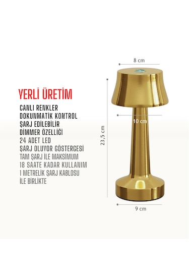 Zenlight Metal Dokunmatik Şarjlı Masa Lambası Altın
