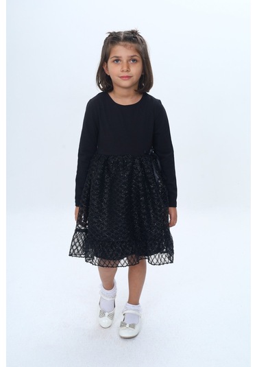 Toontoy Kız Çocuk Fırfırlı Tüllü Elbise Siyah
