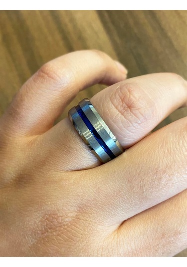 Erkek Mavi Çizgi Detay Gümüş Renk Tungsten Yüzük Silver