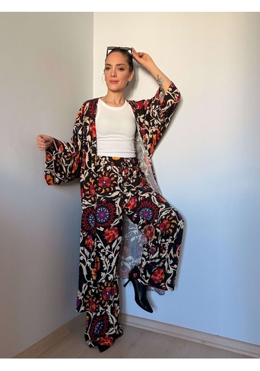 Ali Butik Siyah Etnik Desenli Kimono Pantolon Takım Siyah