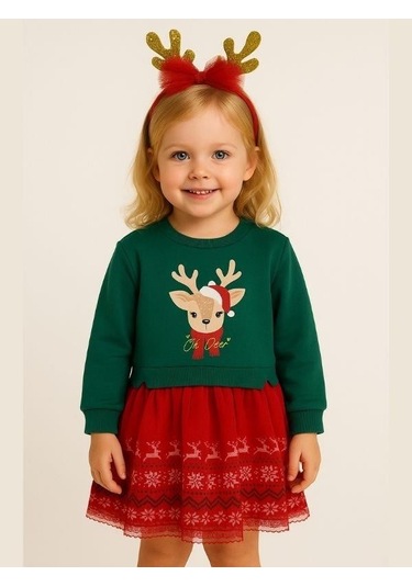 Kız Çocuk Geyikli Yılbaşı Temalı Taç Hediyeli Elbise-16405 Kırmızı