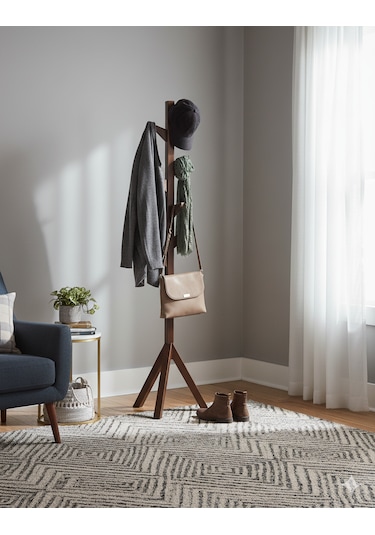 Ahşap Ayaklı Askılık Modern Elbise Askısı Kahverengi