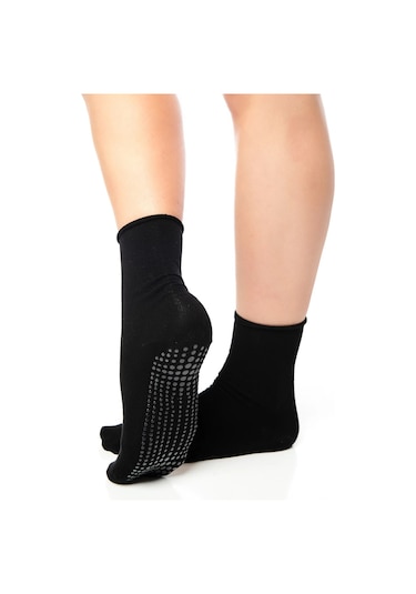 Bambu Kaydırmaz Taban Silikon Baskı Hac Umre Tavaf Hamile Diyabet Pilates Yoga Lastiksiz Çorap 3'lü Siyah