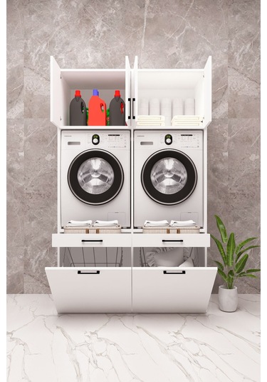 Mdf Çamaşır Makinesi Ve Kurutma Makinesi Dolabı Çift Sepetli Beyaz
