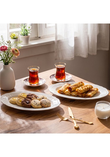 Porsima 4446 Tiffany Porselen Platin Fileli Kayık Tabak Seti - Oval Kahvaltılık Sunumluk Seti 30cm Beyaz