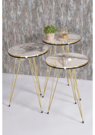 Zigon Sehpa 3'lü Altın Metal Ayak Krem Altın Çok Renkli