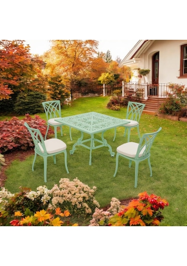 Line Kare 4 Kişilik Su Yeşili Bahçe Masa Takımı Alüminyum Rehome Su Yeşili