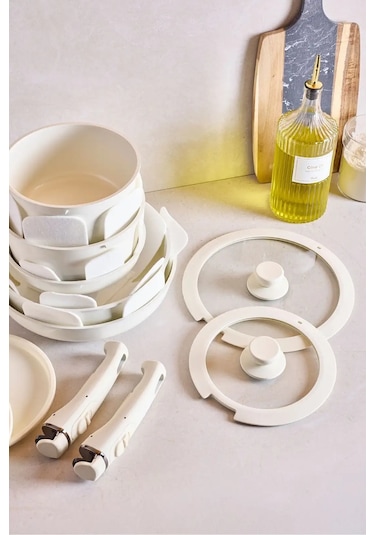 Beta 15 Parça Seramik Döküm Tencere Tava Seti Beige 17649 Bej