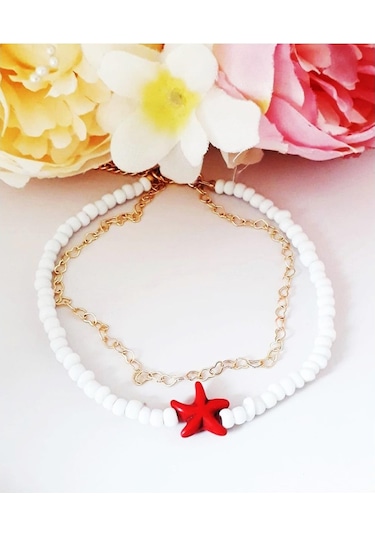 Altın Kaplama Kalpli Zincir Beyaz Kesme Boncuk İkili Kadın Deniz