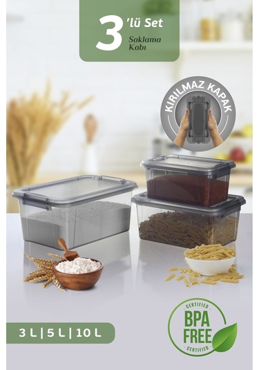 3'lü Kilit Kapak 3-5-10 Lt Erzak Saklama Kabı Çok Amaçlı Düzenleyici Kutu Deterjan Un Bakliyat Kabı Siyah