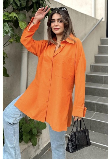Kadın Turuncu Terikoton Kumaş, Yırtmaçlı, Rahat Uzun Gömlek Turuncu