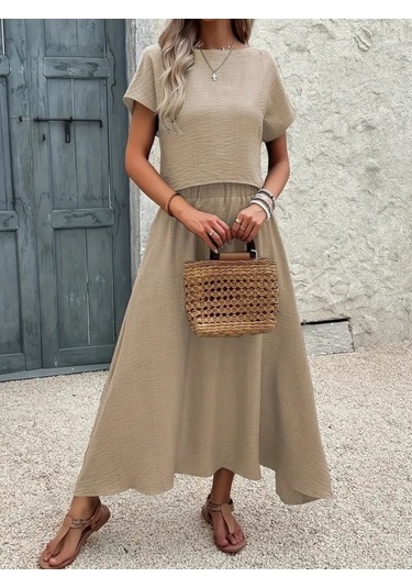 The İstanbul Kadın Kısa Kollu Bisiklet Yaka Bluz Etekli Ithal Keten Ikili Takım Bej