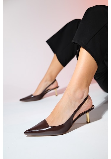 Luvishoes Marten Kahve Cilt Kadın Sivri Burun Arkası Açık İnce Topuklu Ayakkabı Kahverengi