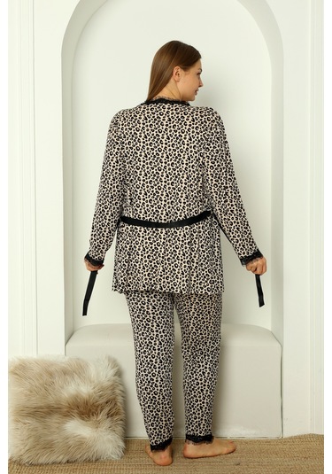 Sabahlıklı Dantel Detaylı Pegasus Kadın Pijama Takımı-çeyizlik Takım- Geniş Beden Aralığı Leopar