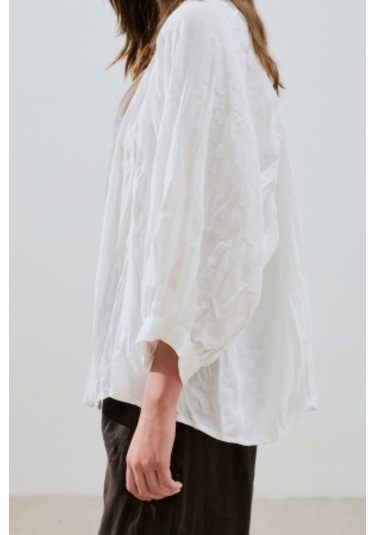 Keten Krushlı Düğmeli Bluz Ekru Ekru