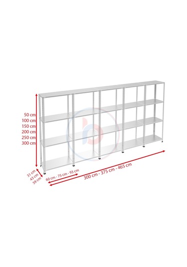 Rafburada 4 Katlı 5'li Galvaniz Çelik Raf - Depo, Arşiv, Kiler, Dosya, Market Rafı-43x60 cm-200 cm-1.50 mm