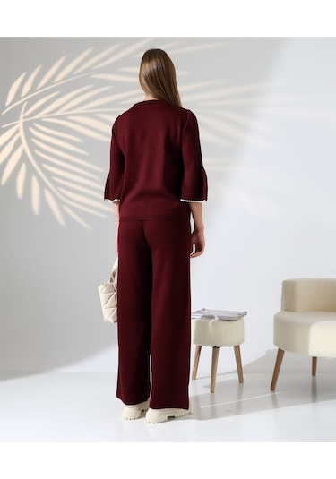 İnci Volanlı Kol Detaylı Triko Takım Bordo