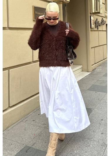 Beyaz Pileli Cepli Kadın Midi Boy Etek Mg2536 Beyaz