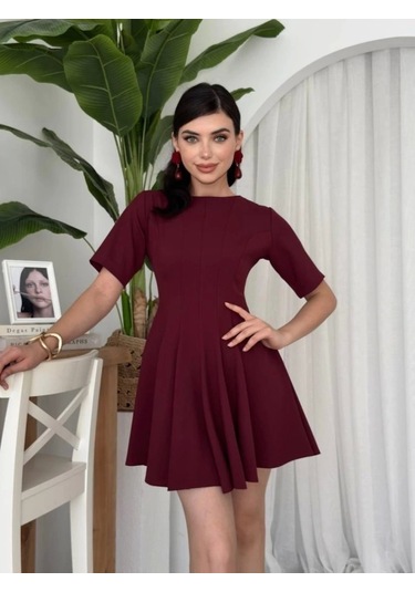 Crem Pliseli Elbise Bordo