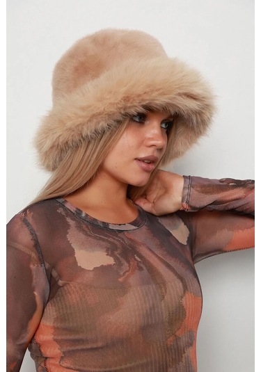 Kadın Peluş Bucket Kalpak Şapka 1143 Rkş-14 Camel Camel