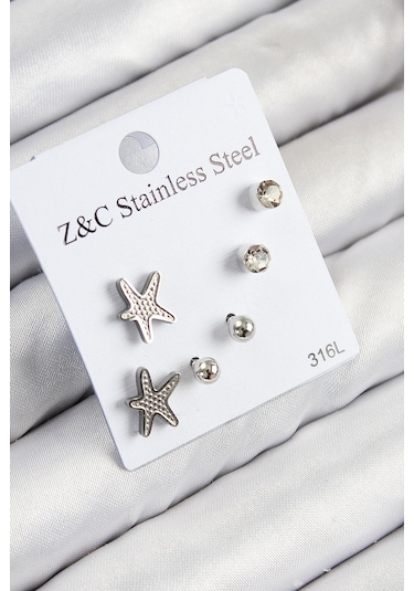 316l Çelik Zirkon Taşlı Deniz Yıldızı Model Gümüş Renk Kadın Set Küpe Çok Renkli