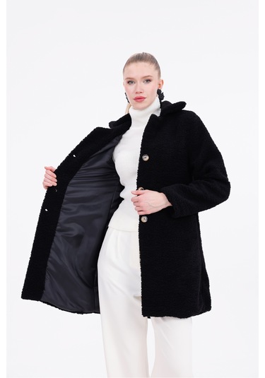Düğmeli Cepli Kadın Peluş Kaban Siyah