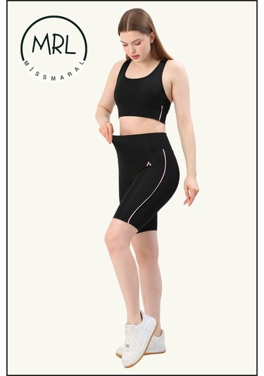 Kadın Siyah Yüksek Bel Toparlayıcı Biker Şort Kısa Spor Tayt Likralı Dalgıç Biker Tights 1043 Siyah Lila