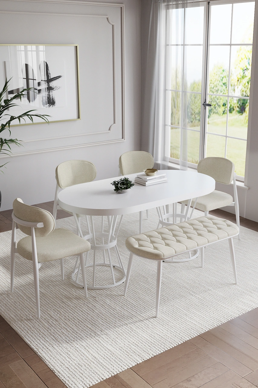 Bohem Polo Mutfak Masası Takımı 6 Kişilik Bencli Beyaz Krem