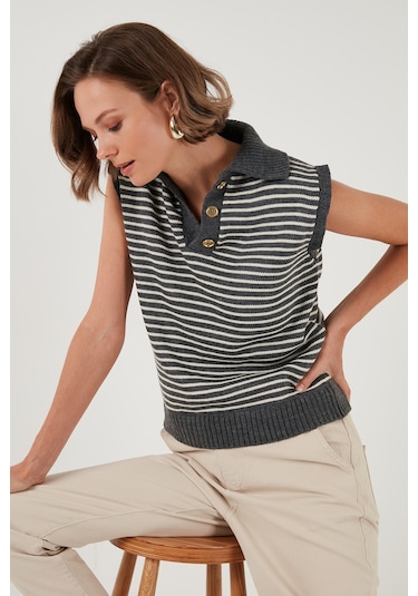 Lela Çizgili V Yaka Triko Bayan Süveter 4616171 Koyu Gri-Krem
