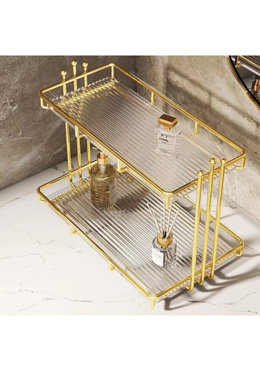 Hafif Lüks Banyo Banyo Rafı Masaüstü Lavabo Kozmetik Kutusu Tuvalet Tuvalet Tezgahı Depolama Rafı 3 Boncuk Çift Katmanlı Küçük Akrilik Raf Gümüş