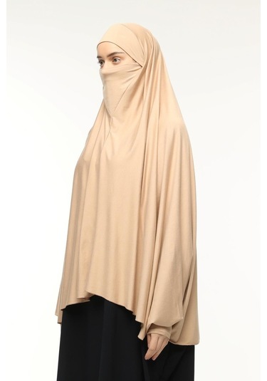 Kollu Sufle Çarşaf Üstü Peçeli Pratik Tesettür Hijab - Nikaplı Namaz Örtüsü Koyu Bej